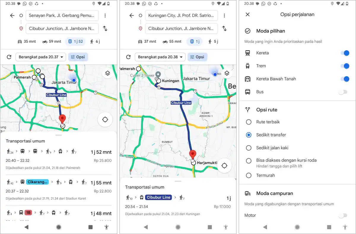 gambar memilih rute di aplikasi google maps